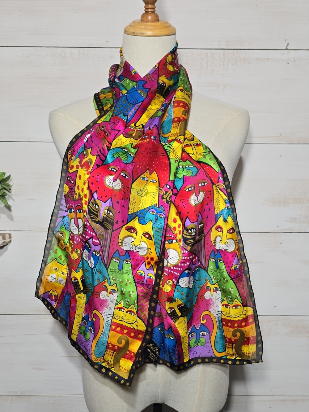 Vintage Laurel Burch 100% Silk Scarf Colorful Cats Long Wrap 11x53"